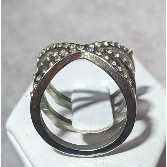Elegant Glam Rhinestone Silver Tone Triple Crossover Ring Size 7 - Picture 9 of 12